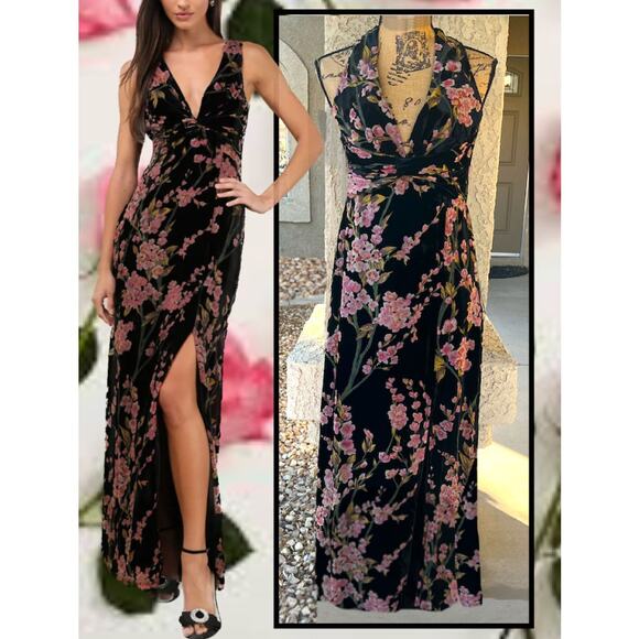 Lulus Black Burnout Velvet Floral  Cowl-Back Enhanced Maxi Dress Size L - Picture 2 of 8